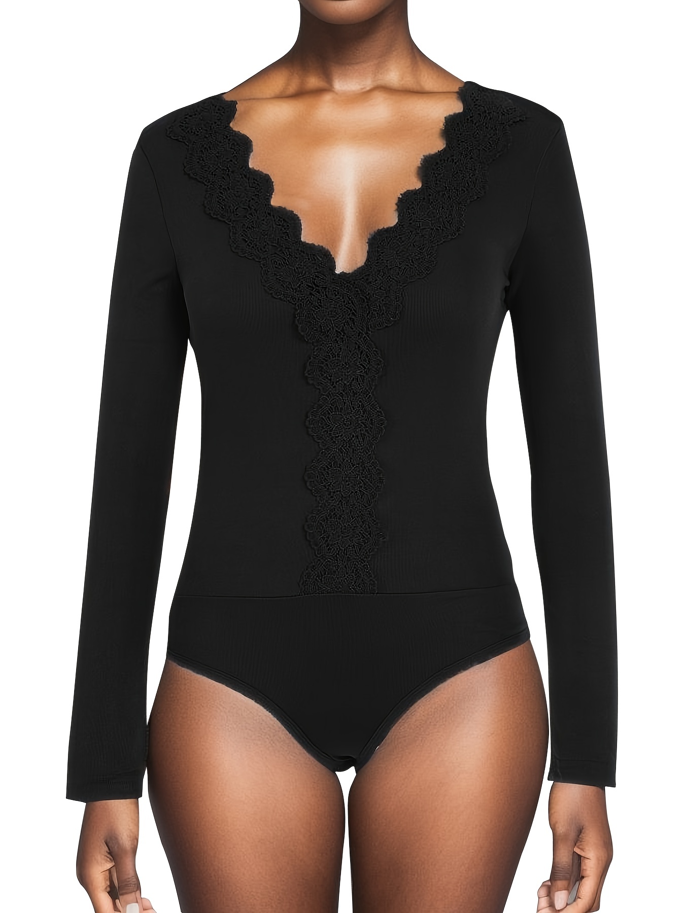 Douhoow Womens Black Lace Bodysuits Transparent Long Sleeve Deep V-neck  Jumpsuit
