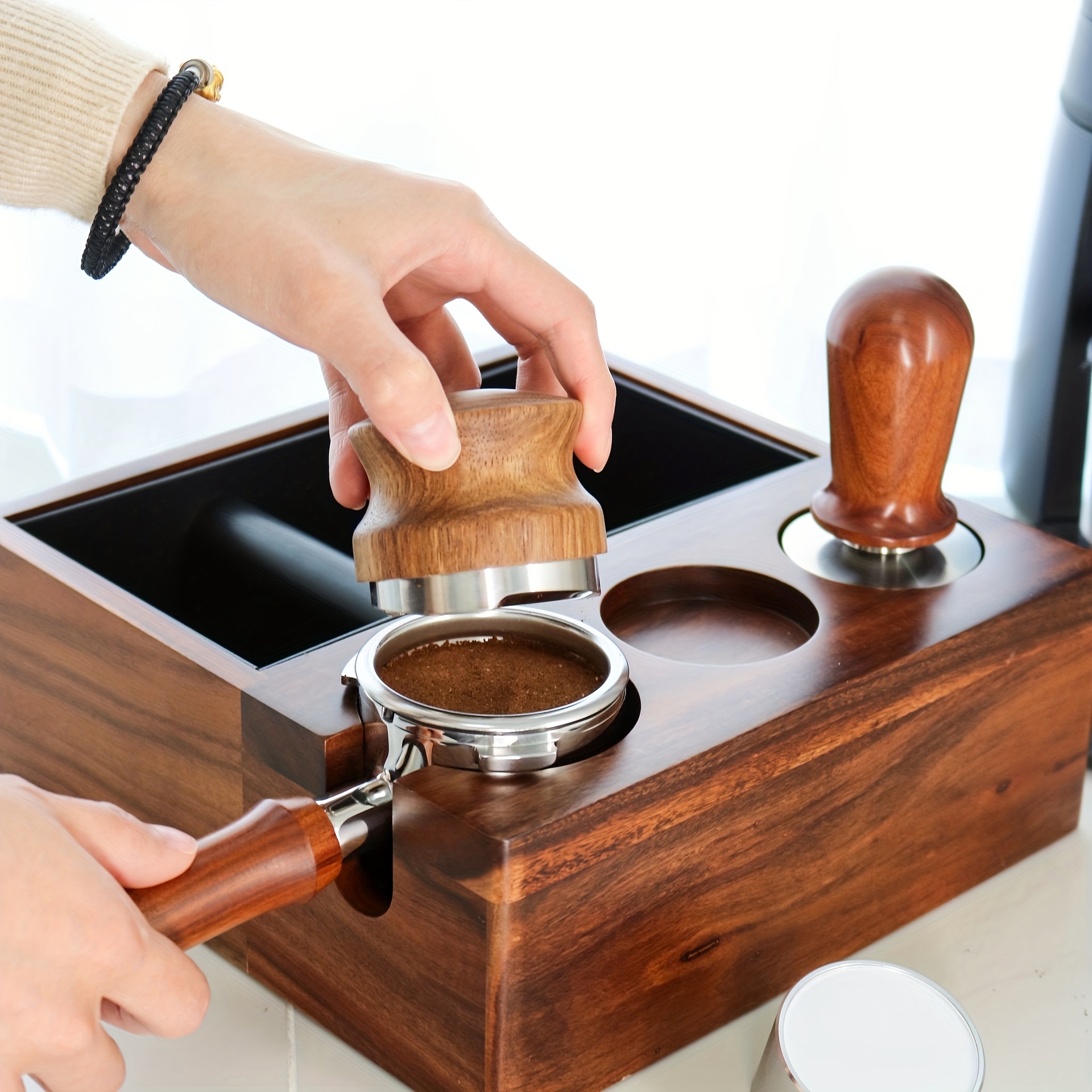 Walnut Coffee Knock Box With Espresso Tamping Station Espresso