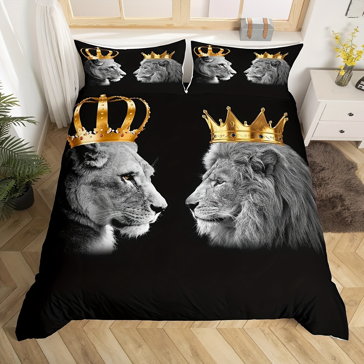 

3pcs Wild Lion Couple Bedding Set, Golden King And Queen Crown Duvet Cover Set For Bedroom Present, Tropical African Animal Microfiber Duvet Cover With 2 Pillowcases, Without Core