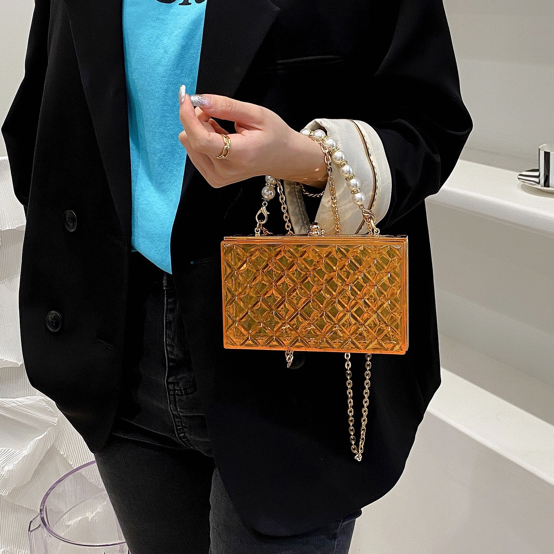 Mini Faux Pearl Decor Clear Box Bag, Trendy Argyle Embossed Acrylic Handbag,  Chain Crossbody Bag (6.92*4.15*1.98) Inch - Temu Philippines