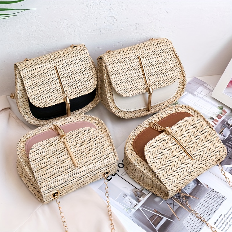 Summer Hand-Woven Handbags with Tassels Straw Crossbody Purse Handmade  Casual Simple Flap Pocket Hollow-out for Seaside Holiday