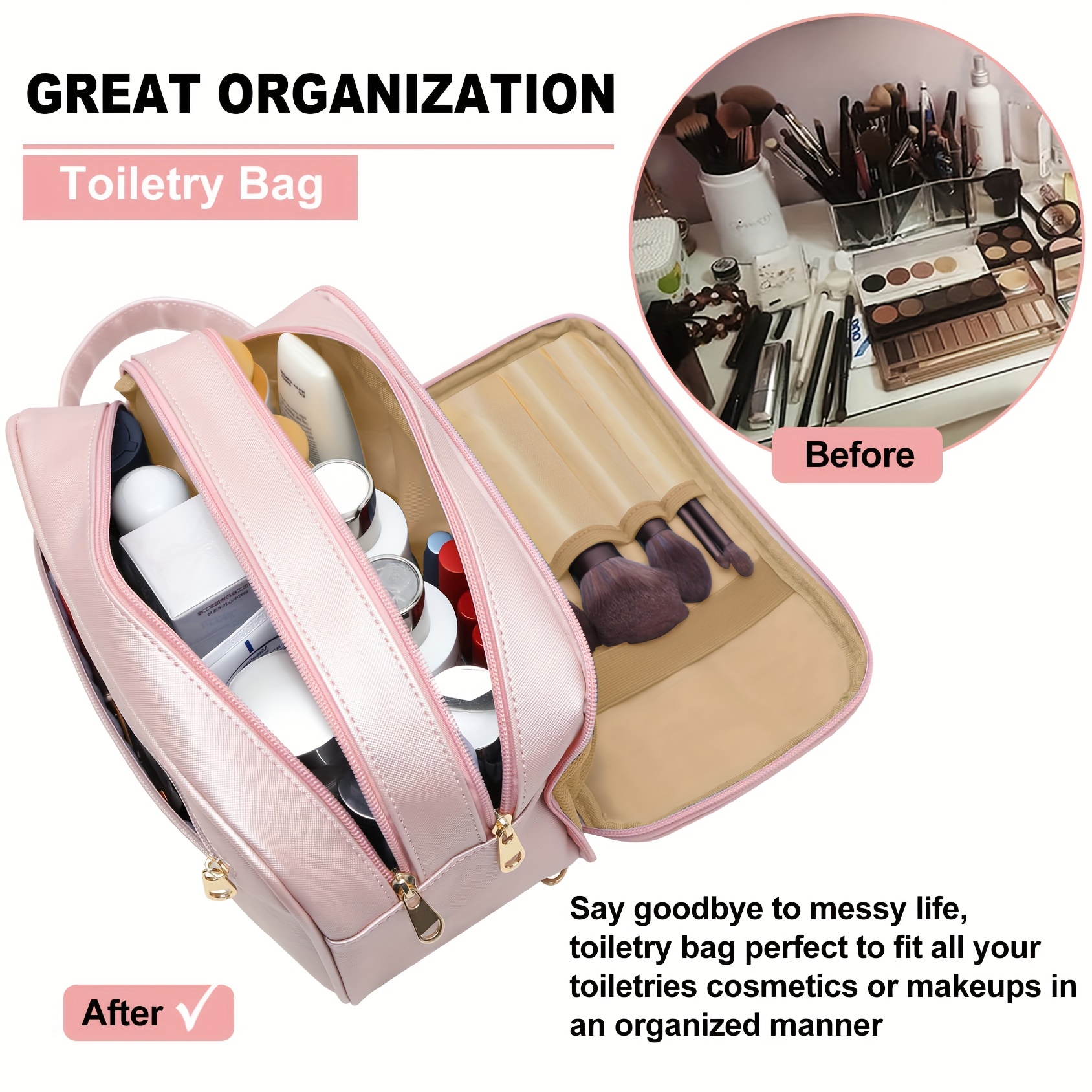  Travel-Essentials Toiletry Bag for Women,Water Resistant Makeup- Bag-For-Travel-Accessories,Eco Leather Cosmetic Bag for Full Size  Toiletries,Dorm Room Essentials,Mother's Day Graduation Gifts for Her :  Beauty & Personal Care