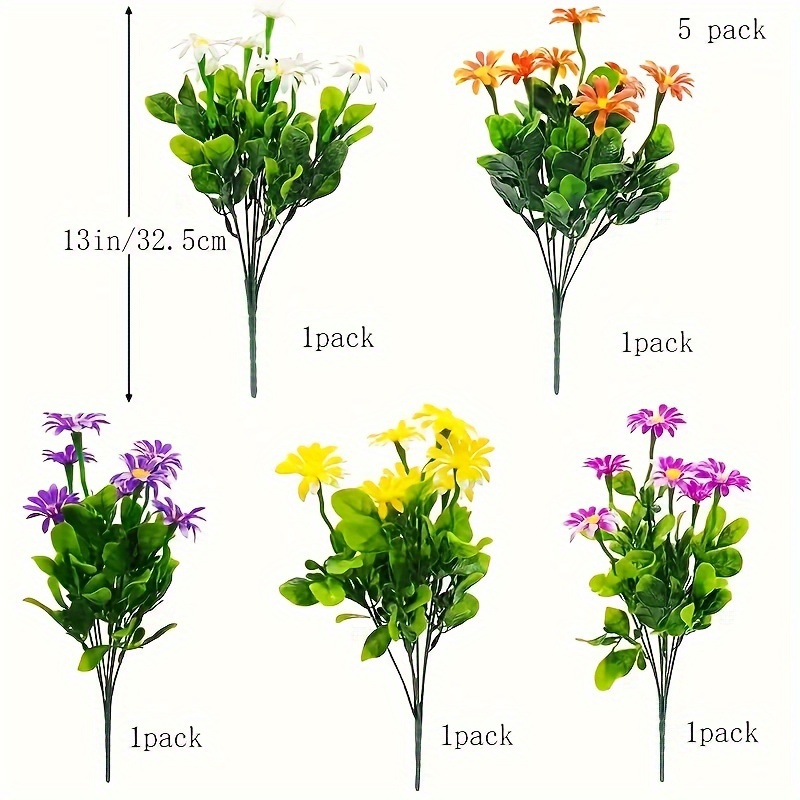 5pcs, Artificial Daisies Plastic Flowers, Outdoor UV Resistant Fake Daisy  Faux Greenery Shrubs Plants For Home Window Box Garden Planter, Scene Decor