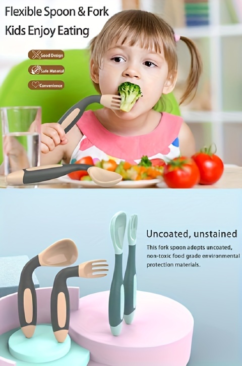 Baby Feeding Spoon Fork Set Utensil Bendable Handle Training BPA