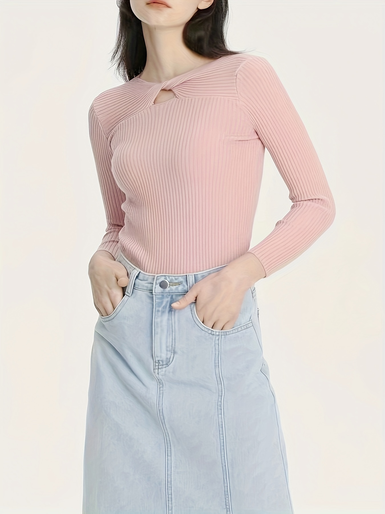 Solid Square Neck Pointelle Knit Top, Casual Long Sleeve Slim Crop Sweater  For Spring & Fall, Women's Clothing