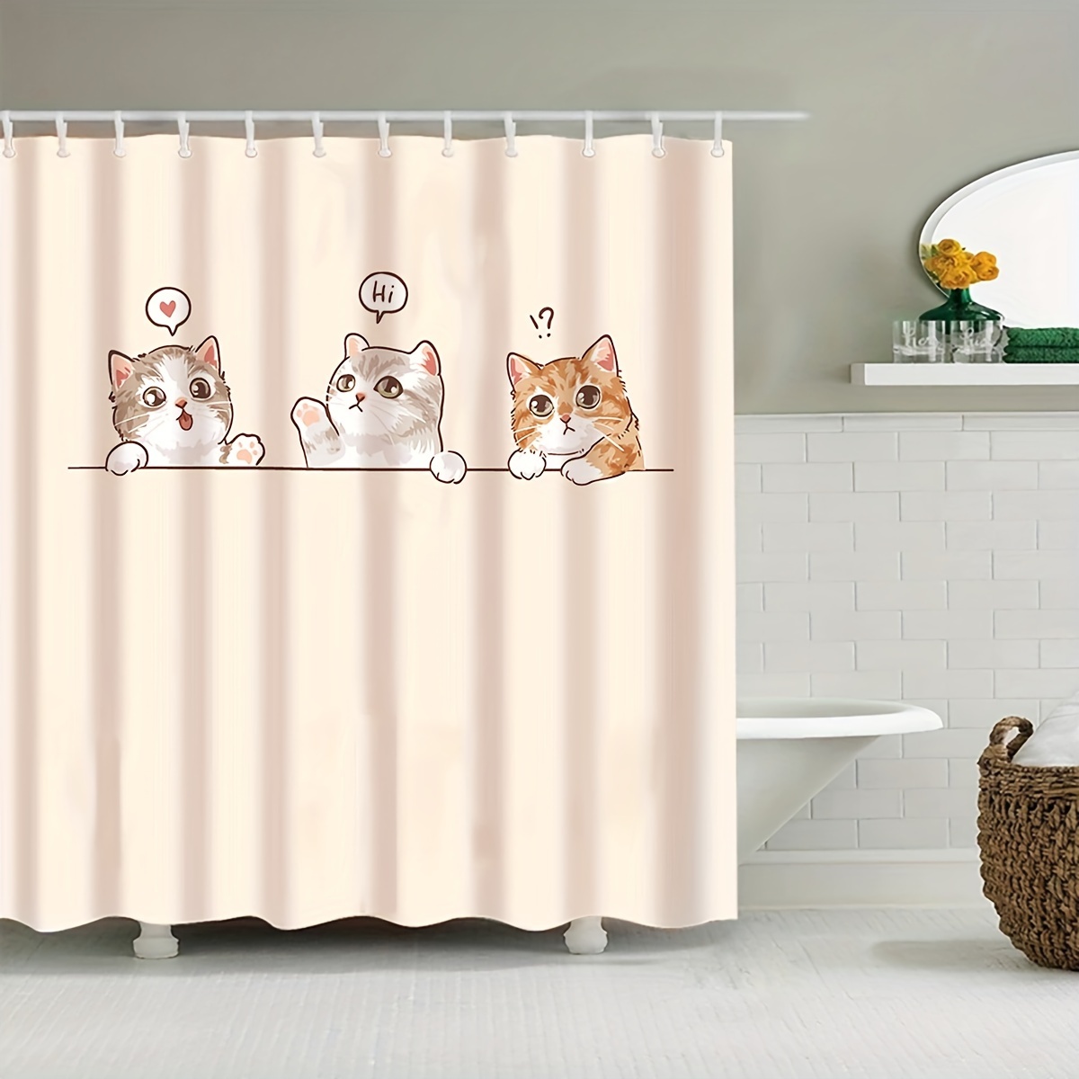 1pc Creative & Cute Cat Print Shower Curtain Hook, Tub Divider Curtain,  Bathroom Accessory, Waterproof Shower Curtain