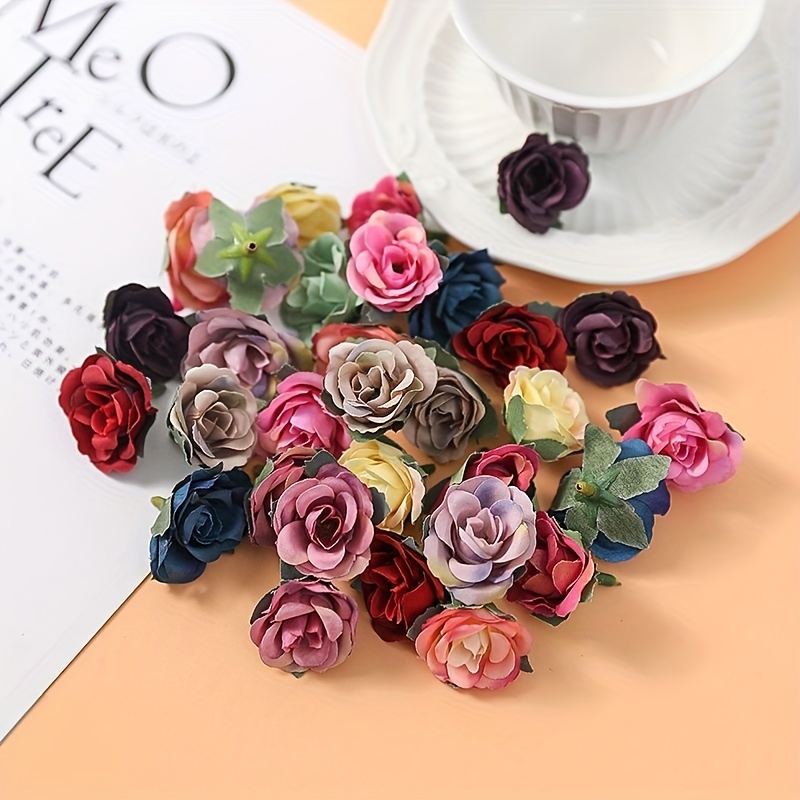 20pcs/40pcs/60pcs Simulation Color Random Retro Mini Rose Flower Head Rose Headdress Garland Gift Box Making Material Home Wedding Decoration