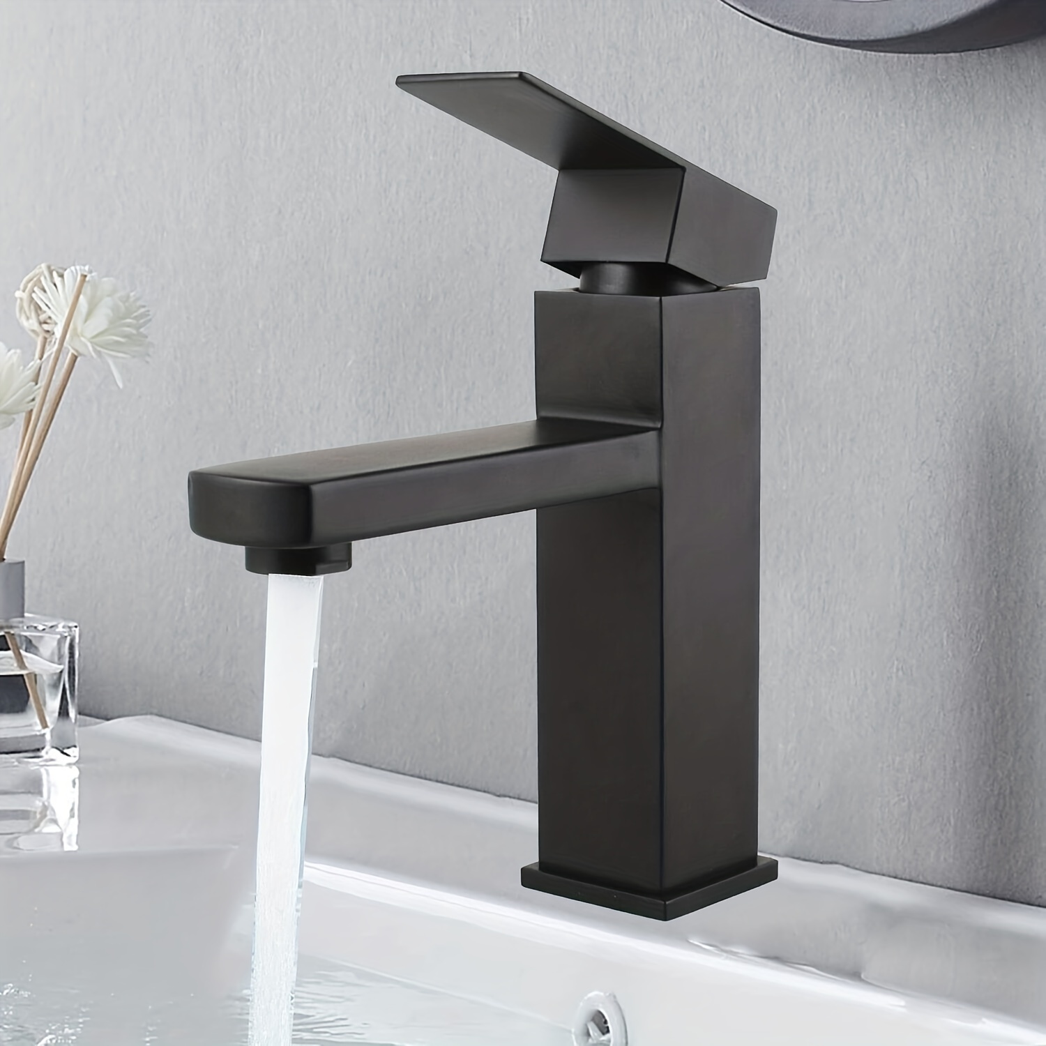 Grifo de baño negro mate – Grifo de baño moderno de un solo orificio negro,  construcción de acero inoxidable sin plomo, cartucho de cerámica