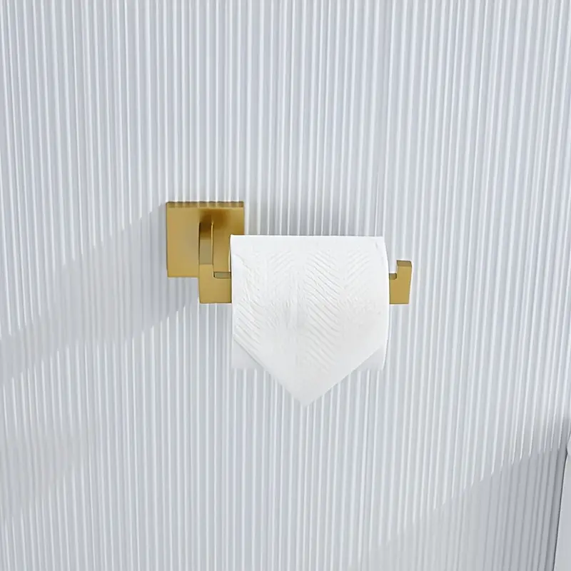 2pcs elegant golden stainless steel bathroom accessory set wall mounted towel bar toilet paper holder sleek with textured towel display ideal for contemporary home decor bathroom decor and accessories Product details 3