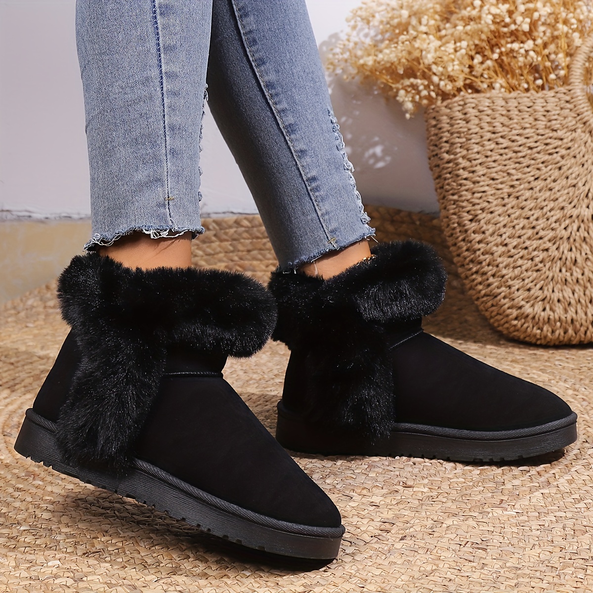 womens faux fur lined snow boots thermal slip on fluffy furry ankle boots winter warm outdoor flat shoes details 12