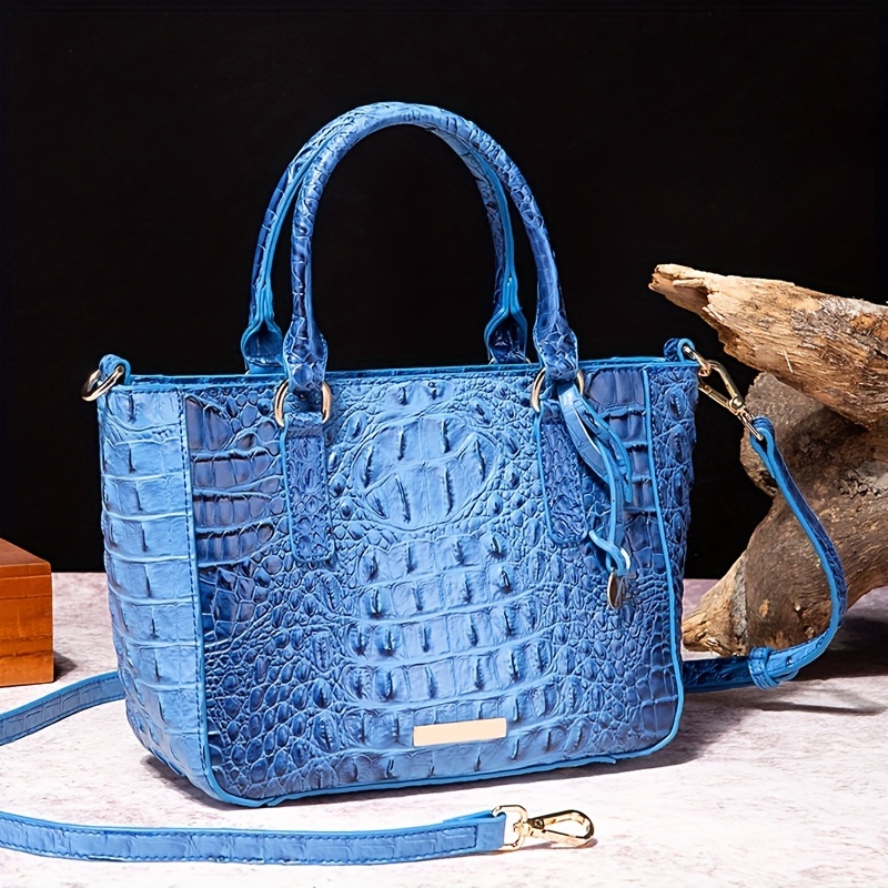 Brahmin Blue Croc Embossed Leather Shoulder Bag Satchel Purse with Tassel