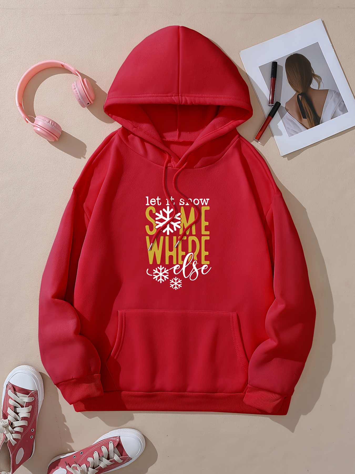 Snowflake Letter Print Hoodie Casual Pocket Long Sleeve - Temu Australia