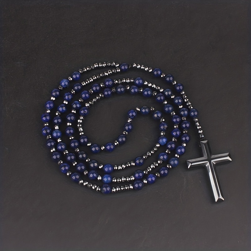 Men's Natural Stone Tiger Eye Lapis Glitter Bead Cross Pendant Necklace