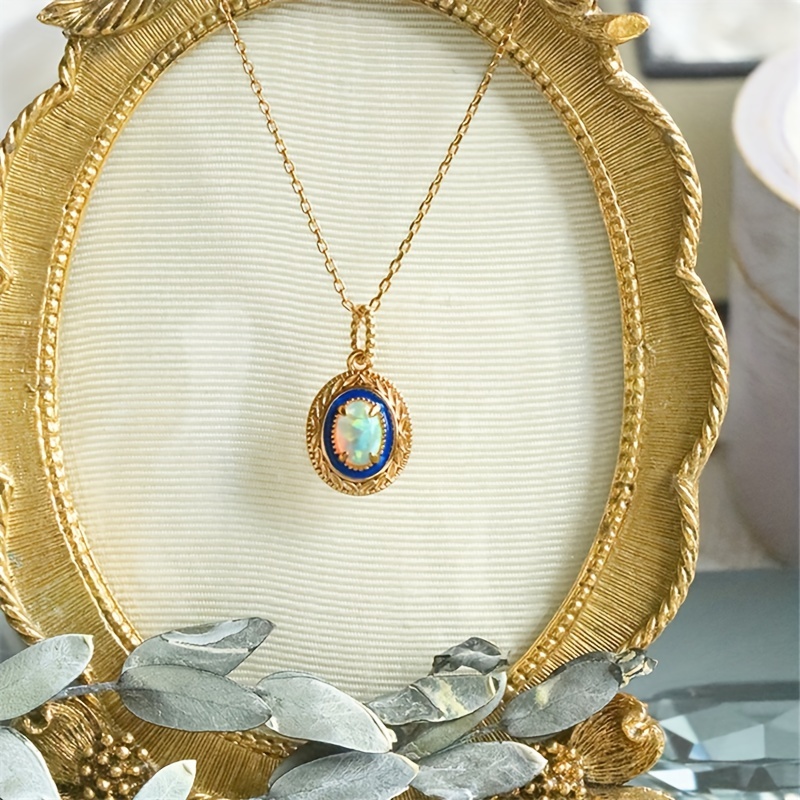 Retro Style Oval Opal Pendant Necklace, Banquet Party Decor 18k
