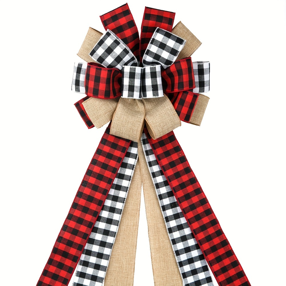 Valentines Tree Topper / Plaid Tree Topper / Buffalo Plaid Red Black Burlap  Decorative Bow / Heart Tree Topper /handmade 