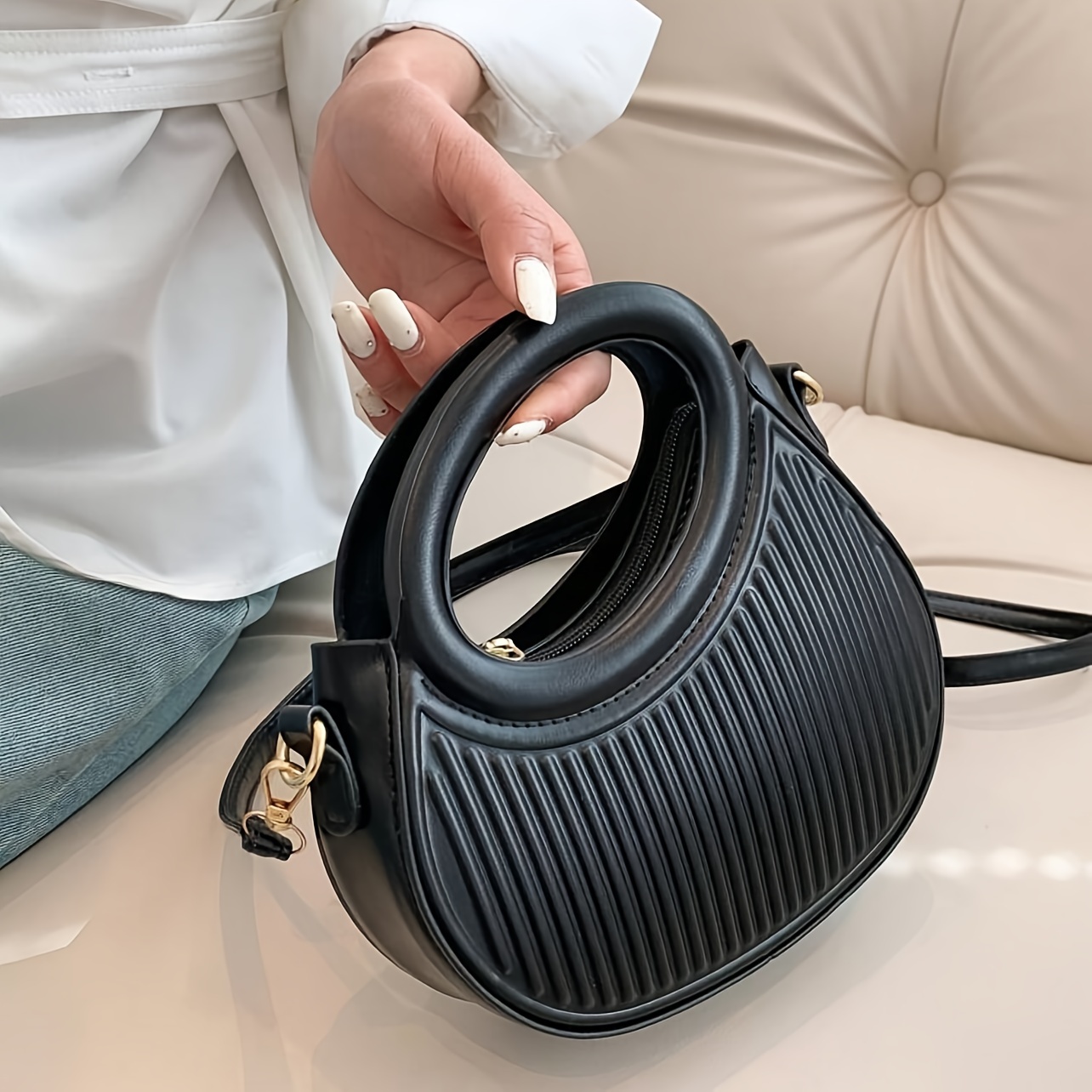 TEMU Fashion Striped Round Handbag, Niche Design Novelty Purse, Simple Mini Crossbody Bag For Women