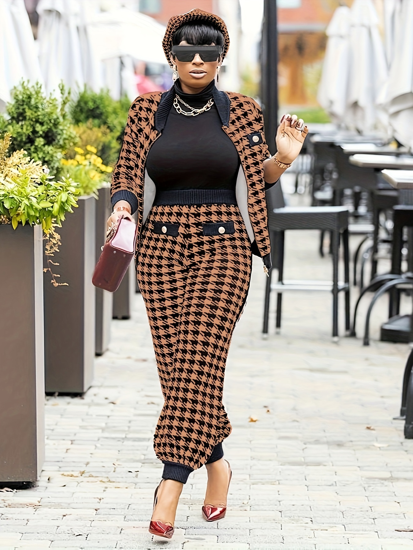 Plaid Button Two piece Set Contrast Trim Jacket & Casual Pants Outfits