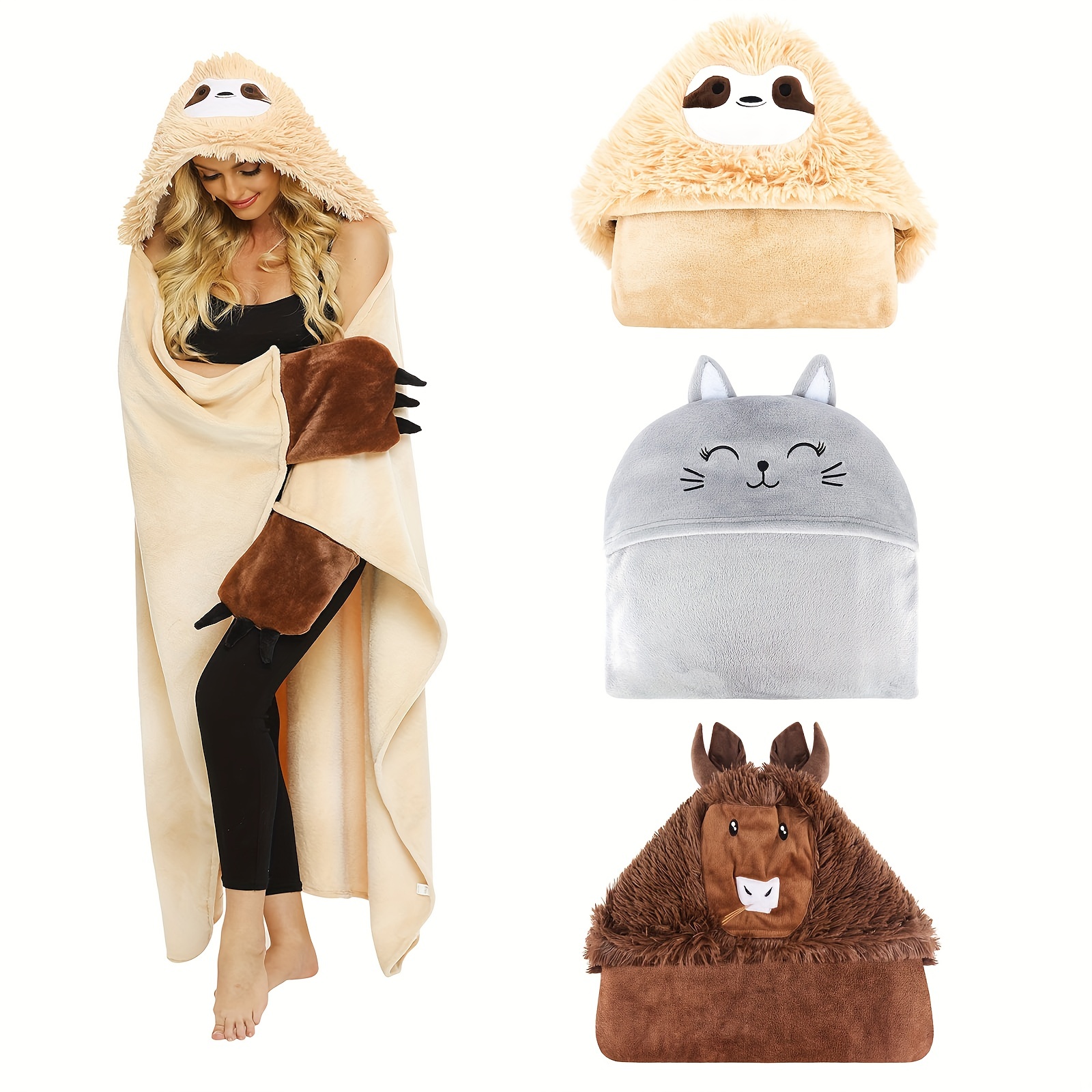

Sloth Cat Highland Cow Gifts For Women Wearable Hooded Blanket Soft Cute Warm Fluffy Sloth Cat Highland Cow Hooded Blanket, 150x130cm/59x51 Inch