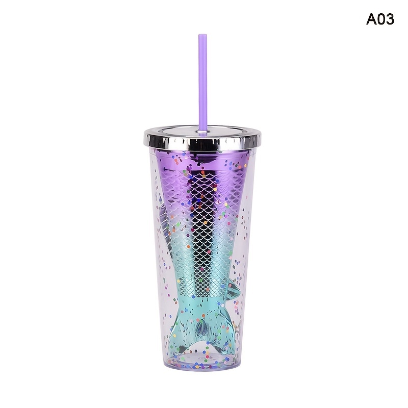 Mermaid Travel Tumblers Cups with Straw Kid Party Cup Water Bottle Ice  Coffee Mugs Birthday Gift (mermaid 2, 420 ml)