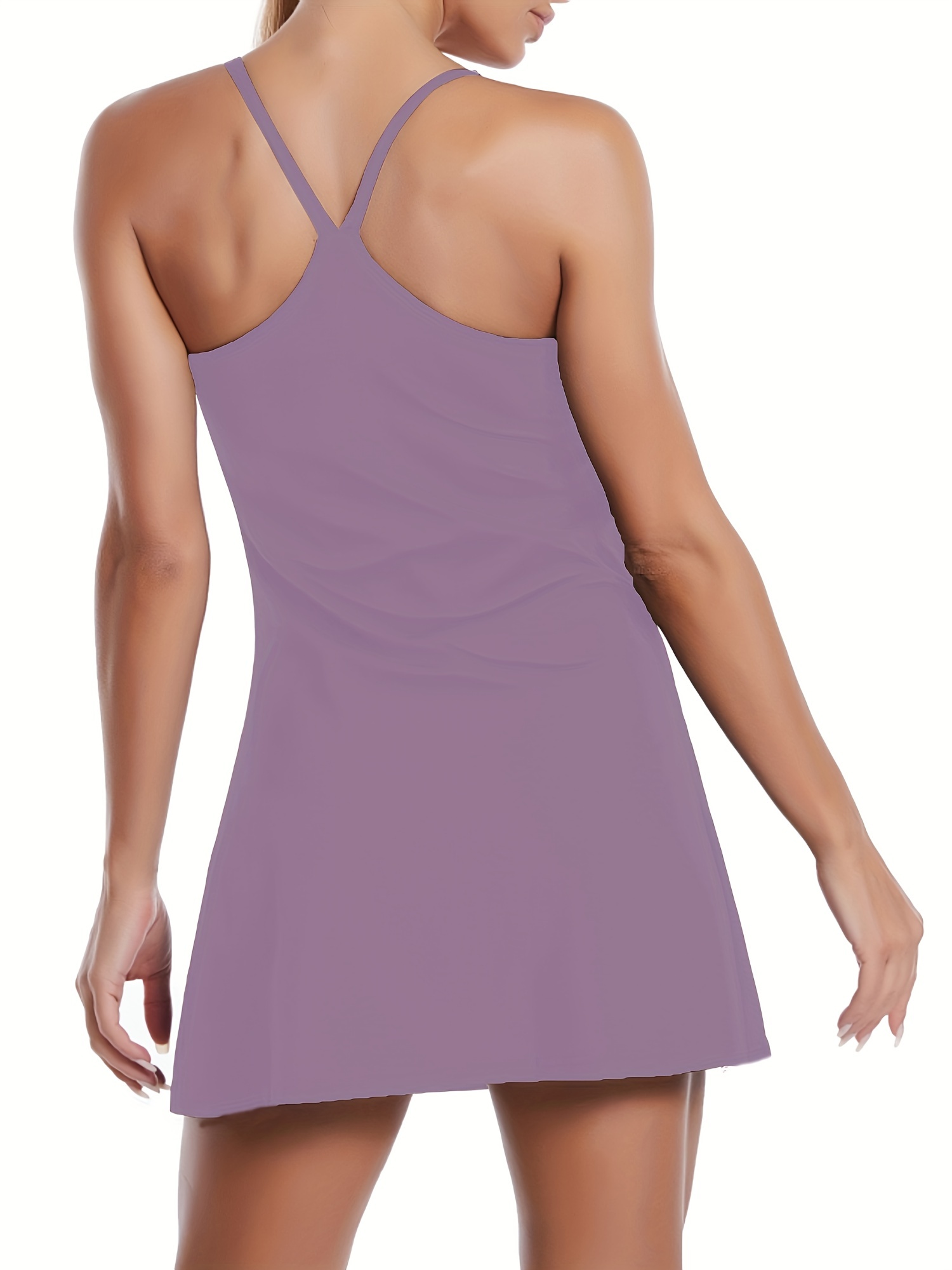Women Summer Casual Athletic Dress Tennis Dress with Built in Bra Solid  Hollow Out Loose Strap Workout Outfit Trendy (Purple, XL)