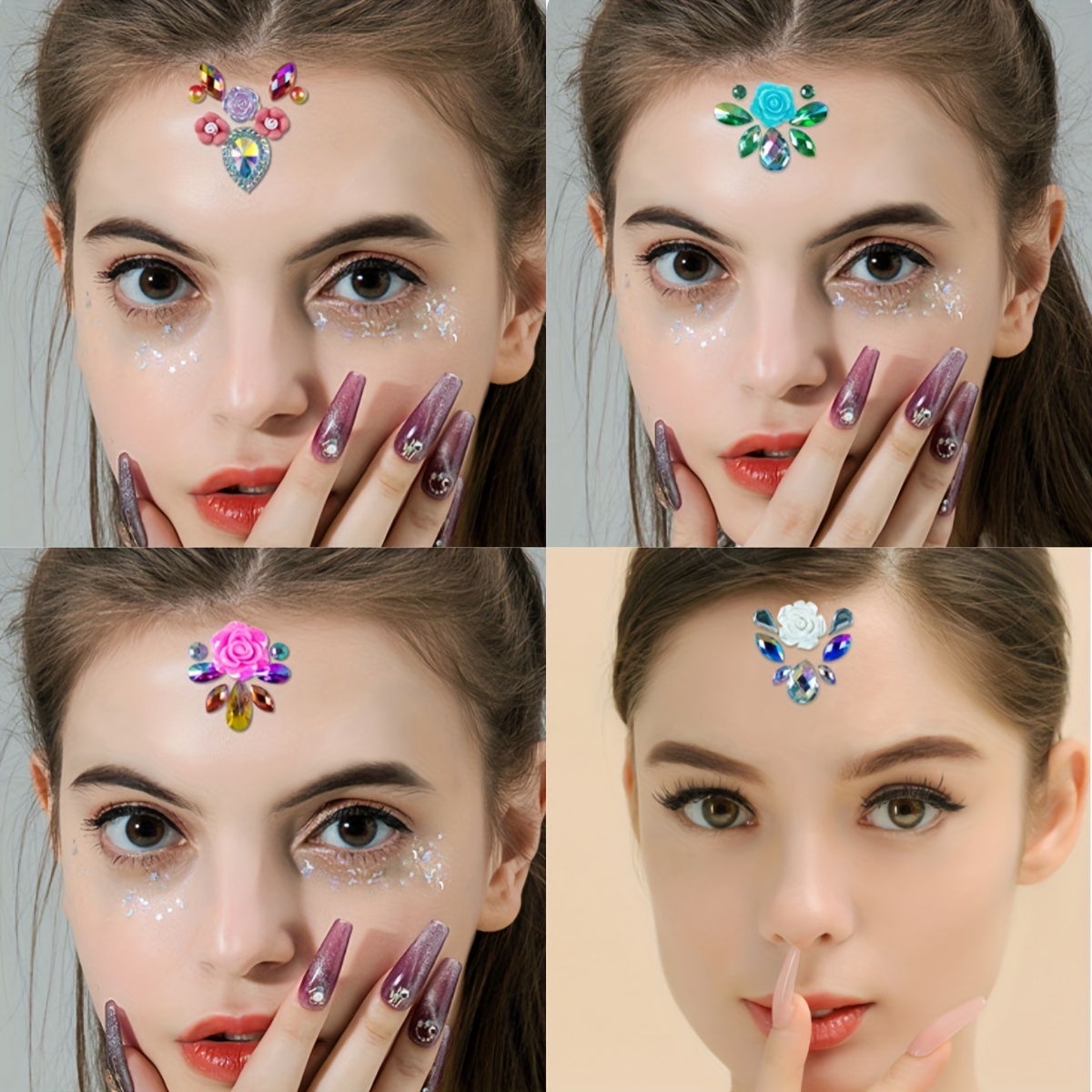 

4 Pcs Set Festival Party Eyebrow Heart Drill Stickers Face Stickers Zircon Rhinestone Stickers Rainbow Eye Makeup Stage Makeup Tattoo Stickers Drill For Women Girls Use