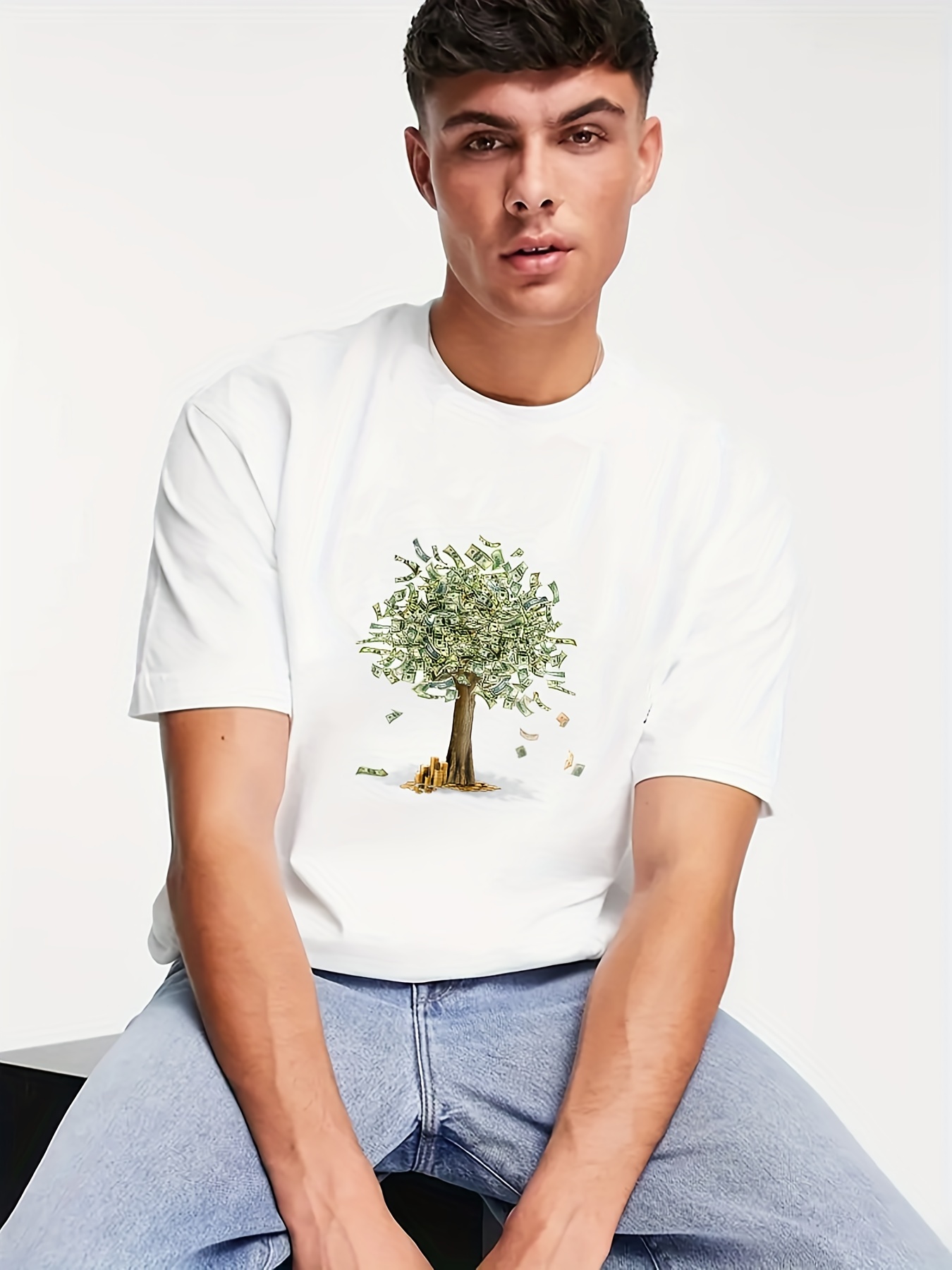 Money Tree Print Men's Graphic Design Crew Neck Novel T - Temu