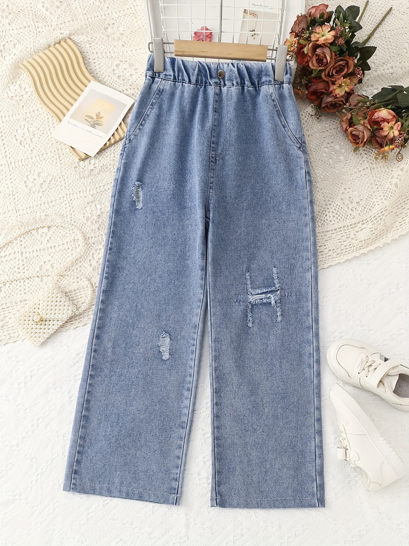 Youth Girls Kids Ripped Jeans Elastic Waist Hole Denim Pants Washed  Straight Wide Leg Denim Trousers Cool Jeans