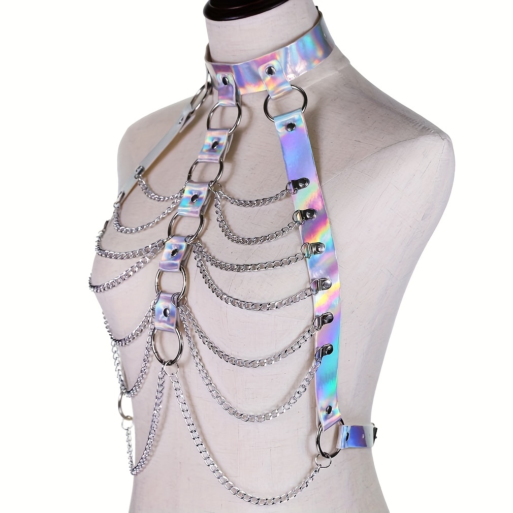 Body Waist Chain Harness & PU Faux Leather Choker Collar, Sexy Jewelry