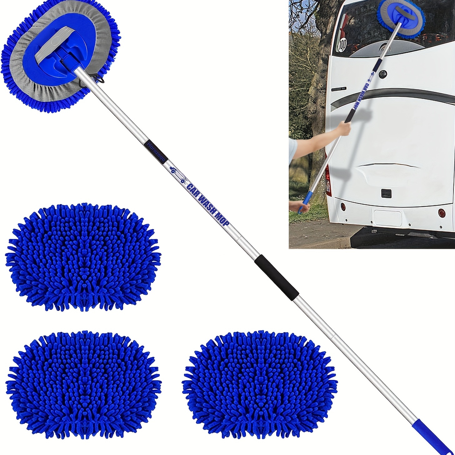 

Car Wash Brush Mop 63" Long Handle Extendable Cleaning Mitt For Caravan Suv Rv Truck Van Tyre Window Wheel Roof Detail Interior Duster (3 X Mop Head)