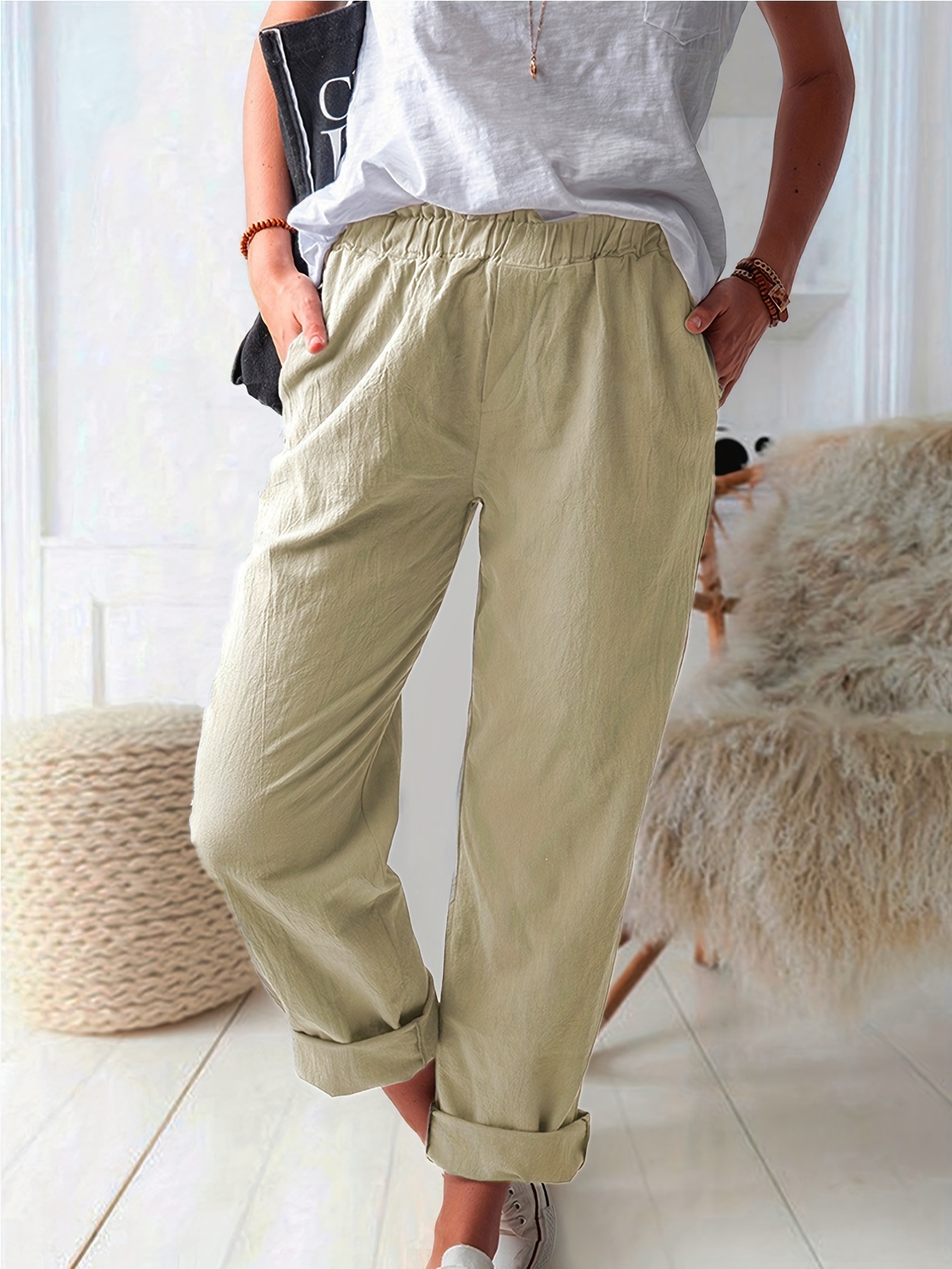 Pantalones Anchos Sólidos, Pantalones Casuales De Cintura Alta Elásticos  Con Bolsillos, Ropa De Mujer