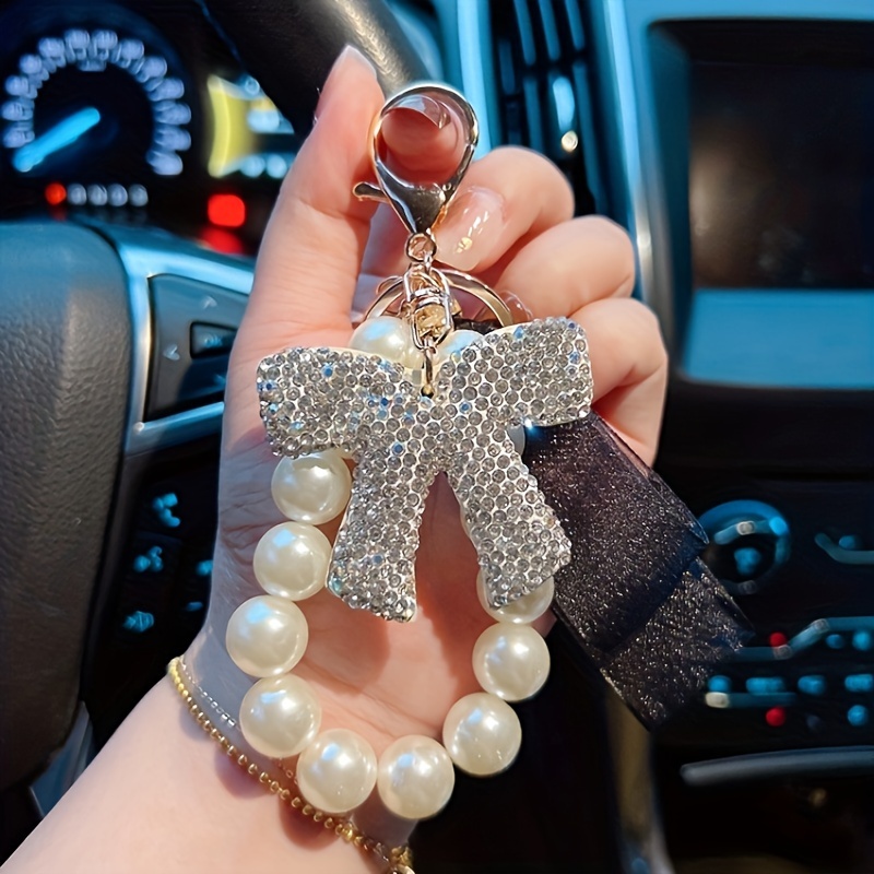 Keychain Dog Key Chain with Crystal Inlay Pearl Rhinestone