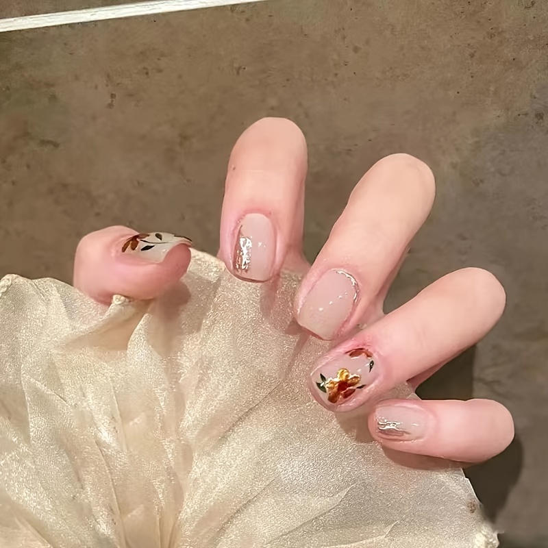 24 Pieces/set Cute Flower Pressed Nude Acrylic Art Fake Nail