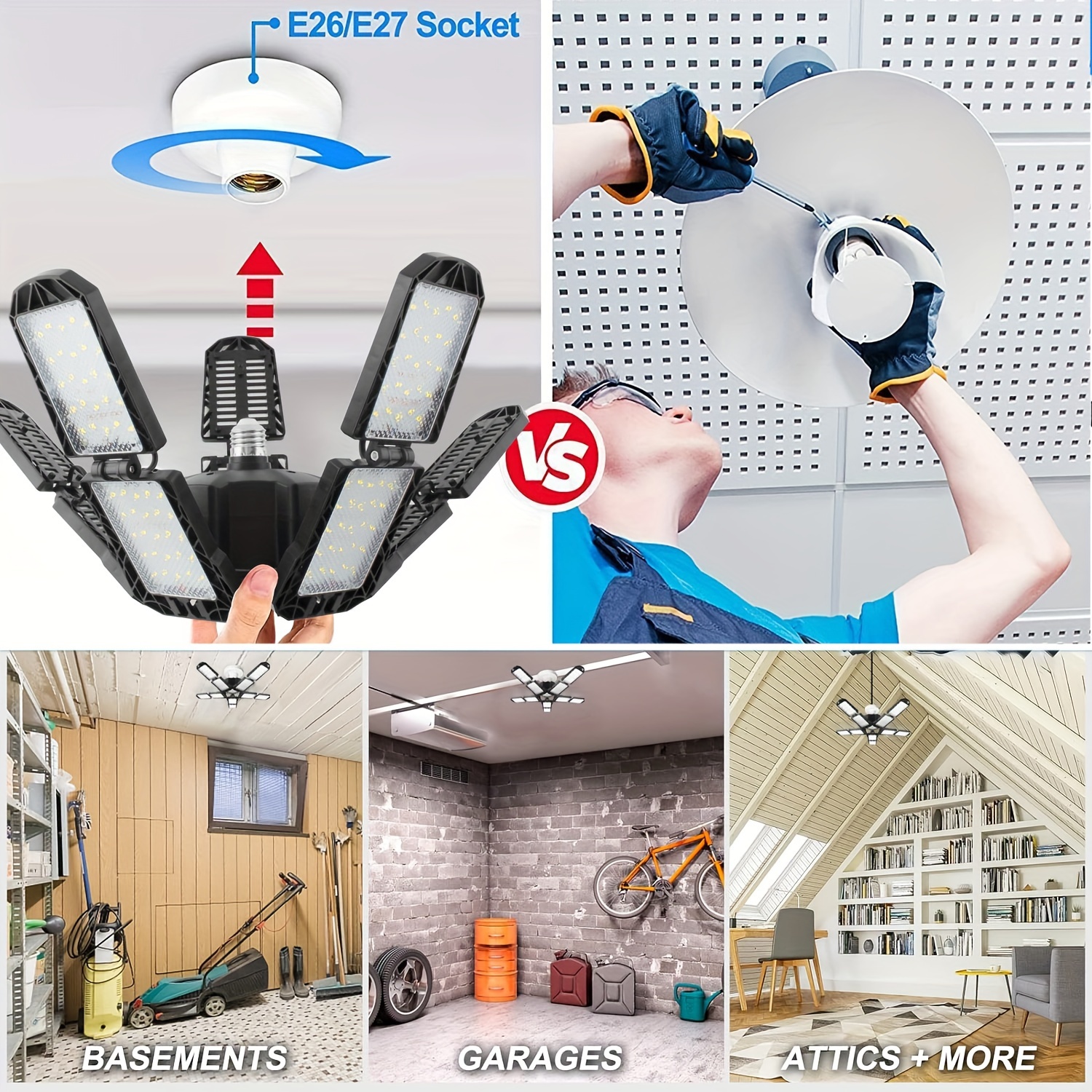 LadorShop-Lumière de garage à LED, ampoule déformable, éclairage de garage,  plafonnier super lumineux pour atelier, 150W, 15000, Inda E26