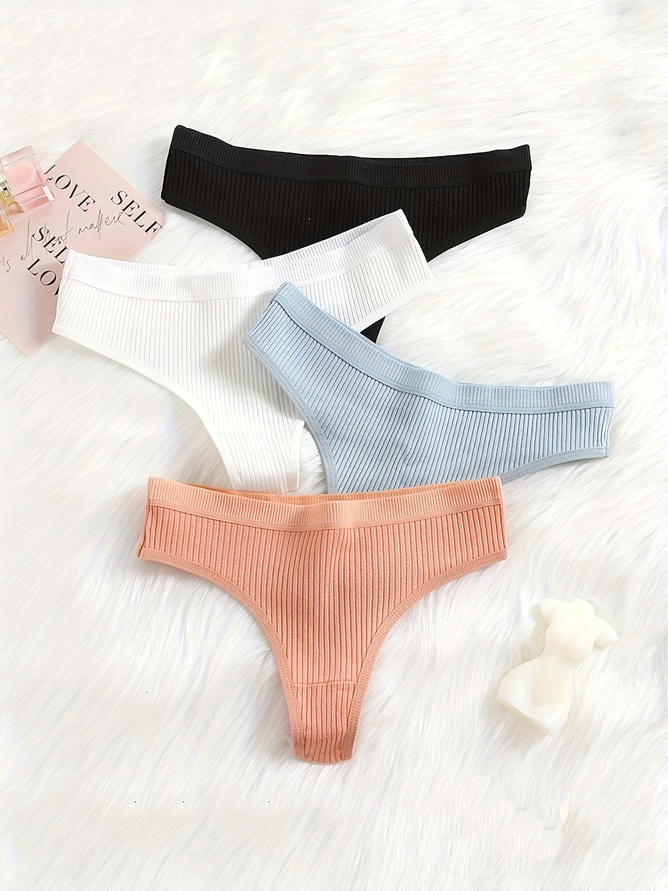 5pcs Solid Ribbed Thongs, Comfy & Breathable Low Waist Intimates Panties,  Women's Lingerie & Underwear