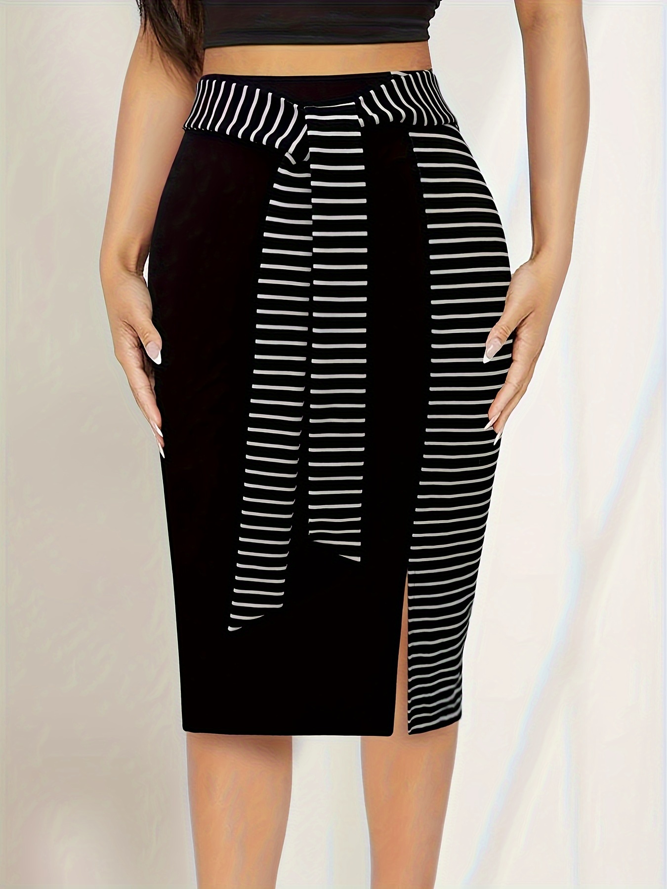 Color Block Belted Bodycon Skirt Elegant Split Skirt Spring - Temu