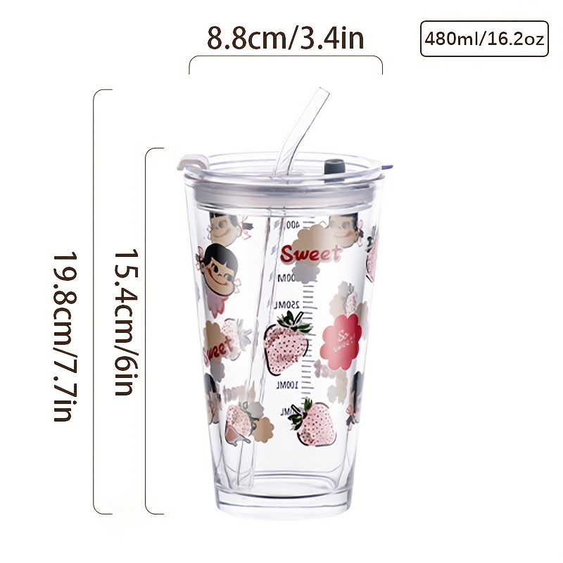 Glass Tumbler With Lid And Straw, Cartoon Bunny Dog Girl Water