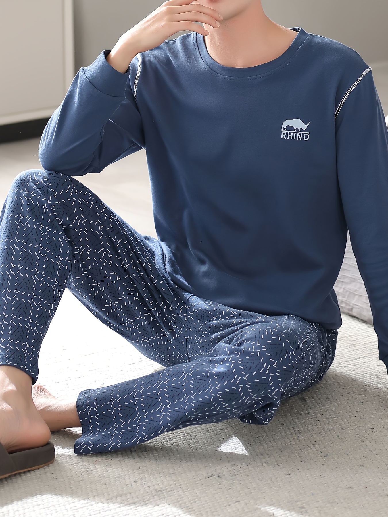 Men's Cotton Long Sleeve Pajamas Set Spring Autumn Winter, Loungewear Set, Men's Loose Fit Clothes, Crew Neck Shirts & Pants