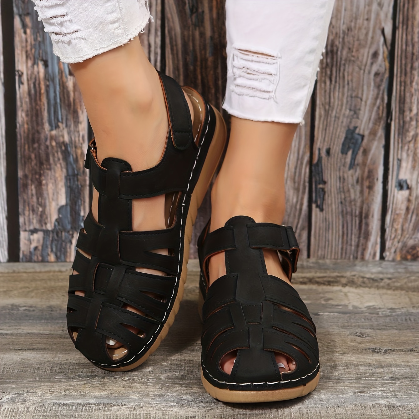 Women's Retro Wedge Sandals Roman Style Closed Toe Hook Loop - Temu