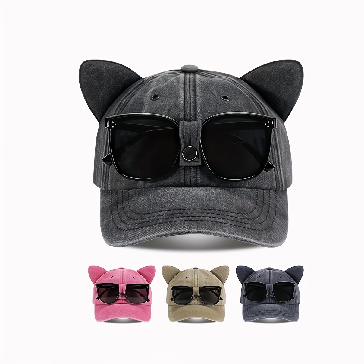 Cat Ears Washed Baseball With Sunglasses Holder Classic Solid Color  Distressed Dad Hats Lightweight Sun Hat For Women - Temu