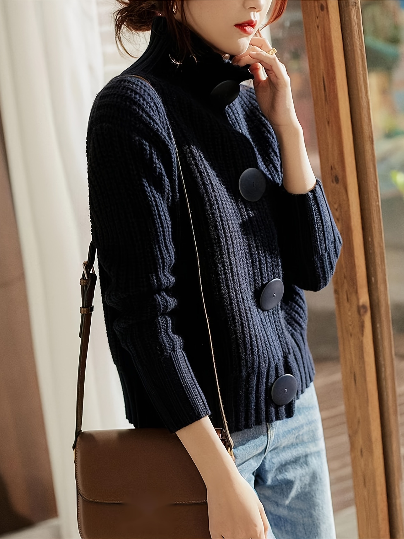 Solid Turtle Neck Chunky Knit Sweater Casual Long Sleeve - Temu