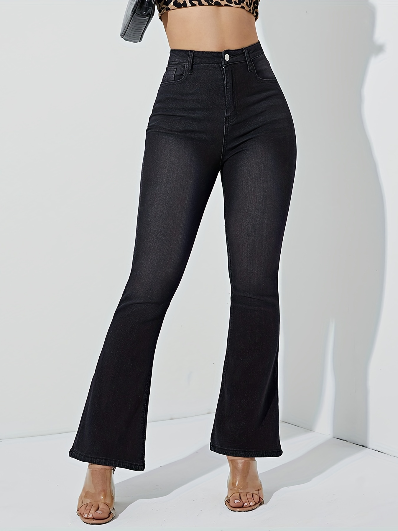 Bowknot Waistband Flare Leg Jeans, Plain Black Medium Stretch Vintage Y2K  Style Denim Pants, Women's Denim Jeans & Clothing