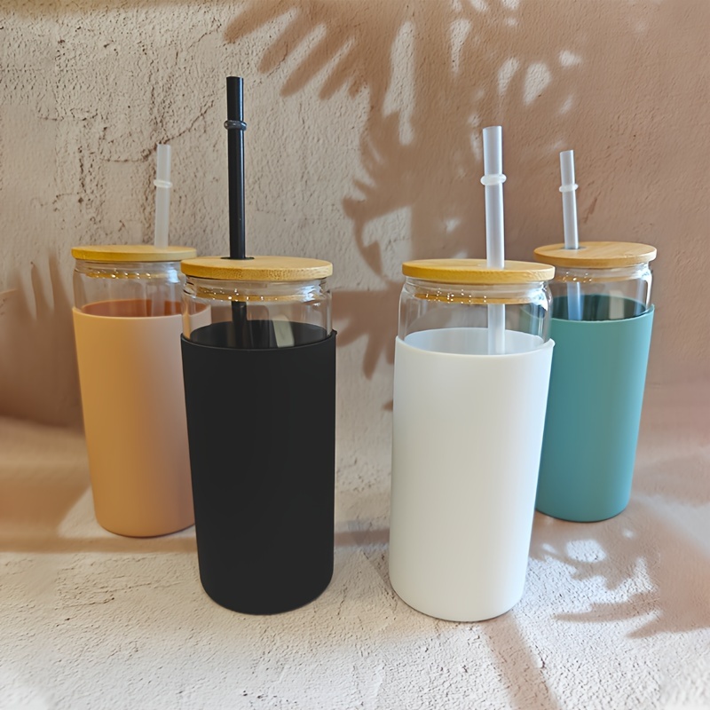 Glass Cups with Bamboo Lids and Straws - 4 PC 16oz Can Shaped Glass Bottle with Silicone Sleeve - Cute Reusable Drinking Tumbler Set for Iced Coffee