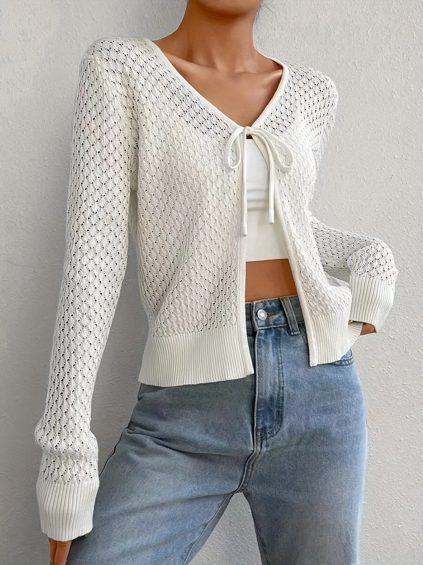 Solid Tie Front Knitted Cardigan, Y2k Bell Sleeve Crop Cardigan For Spring  & Fall, Women's Clothing - Temu