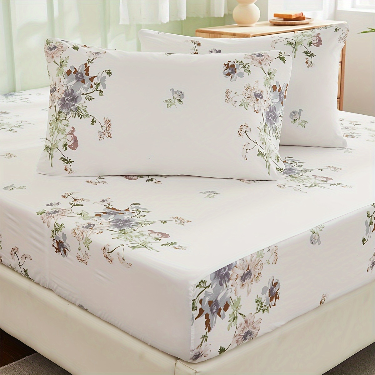 

3pcs Elegant Flower Print Fitted Sheet Set, Soft Comfortable Breathable Bedding Mattress Protector Set, For Bedroom, Guest Room (1* Fitted Sheet + 2*pillowcases, Without Core)