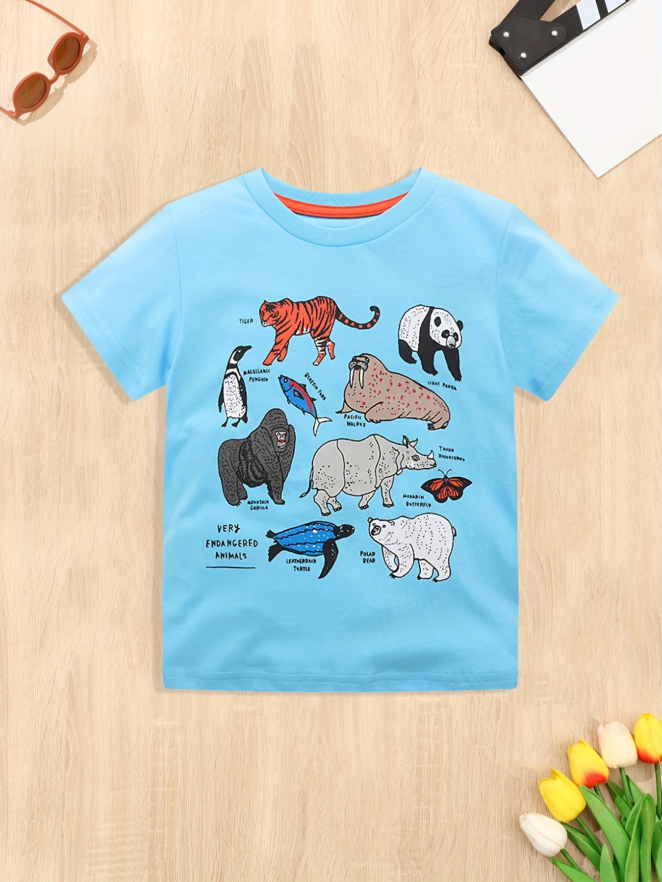 Boys Cartoon Animal Print Casual Cotton Short Sleeve Crew Neck