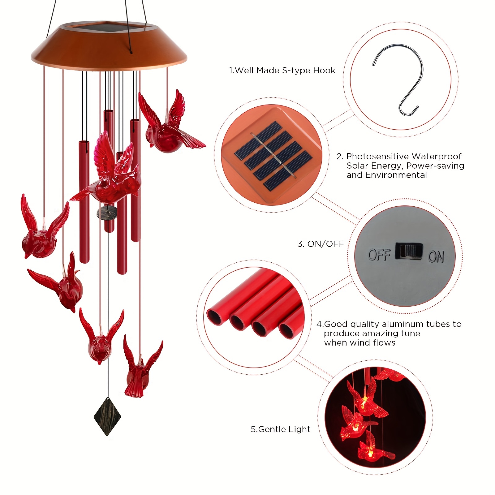 1pc Oiseau Cardinal Solar Windchimes Extérieur Lumières Noël - Temu Canada