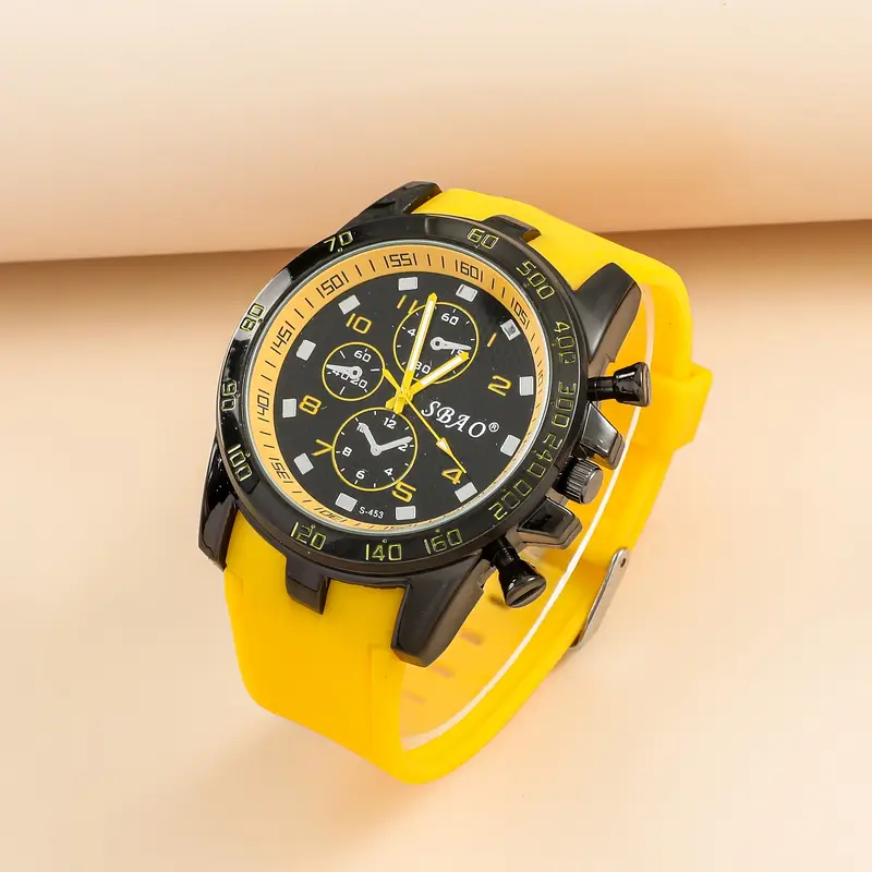 round analog dial yellow silicone strap quartz watch casual mens wristwatch trendy details 0