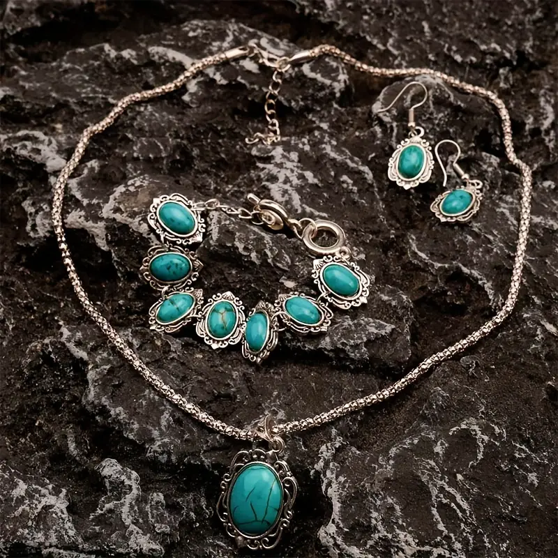 3pcs womens vintage turquoise bracelet necklace earrings set healing stone vintage alloy silvery color decoration gift details 3