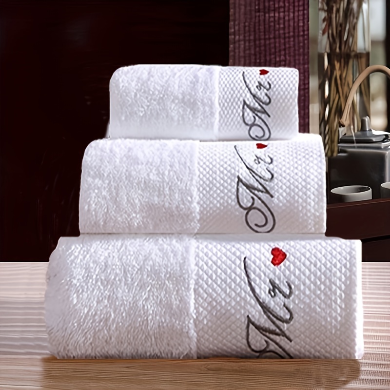 White Cotton Embroidery Towel Set, Soft Hand Towel Bath Towel