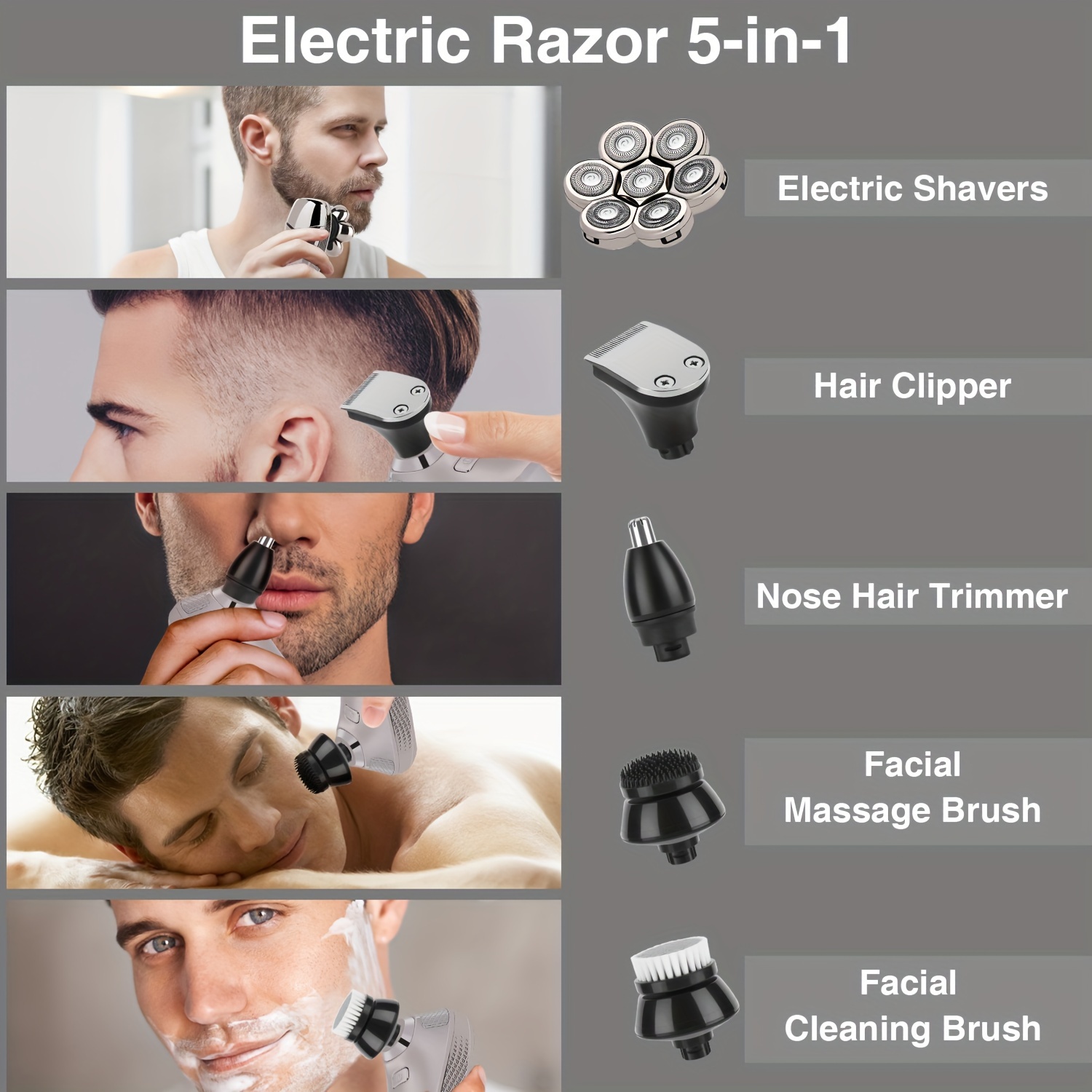 Afeitadora de cabeza 7D, afeitadora de cabeza calva 5 en 1 para hombres,  maquinilla de afeitar eléctrica de cabeza con recortadora de patillas de